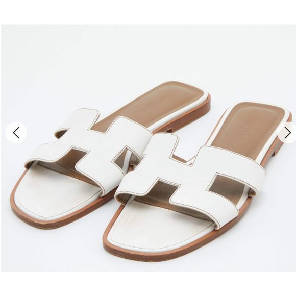 Hermès Leather Oran Slip On Open Toe Flat Slides Sandals White Women's 40.5 / 10 - Picture 1 of 11